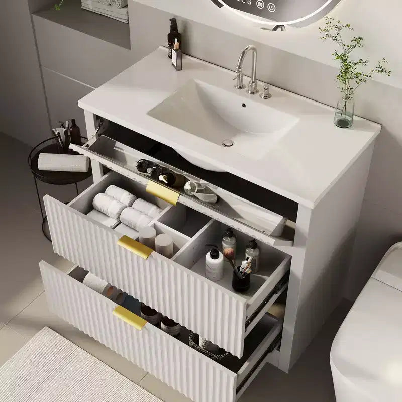 Mobile bagno moderno a doghe con lavabo integrato in ceramica, mobile bagno indipendente con 3 cassetti per bagni contemporanei