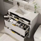 Mobile bagno moderno a doghe con lavabo integrato in ceramica, mobile bagno indipendente con 3 cassetti per bagni contemporanei