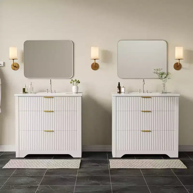Mobile bagno moderno a doghe con lavabo integrato in ceramica, mobile bagno indipendente con 3 cassetti per bagni contemporanei