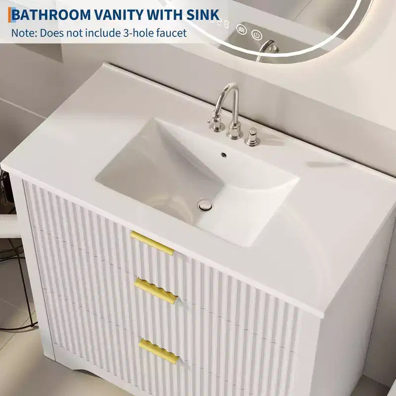 Mobile bagno moderno a doghe con lavabo integrato in ceramica, mobile bagno indipendente con 3 cassetti per bagni contemporanei
