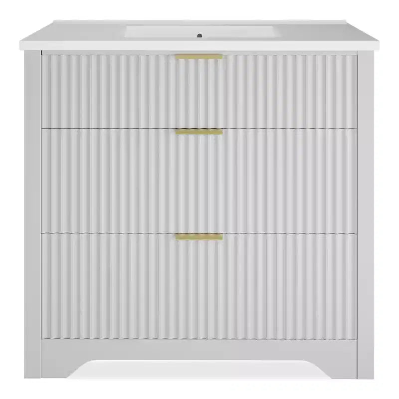 Mobile bagno moderno a doghe con lavabo integrato in ceramica, mobile bagno indipendente con 3 cassetti per bagni contemporanei