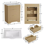 Mobile bagno moderno a doghe con lavabo integrato in ceramica, mobile bagno indipendente con 3 cassetti per bagni contemporanei