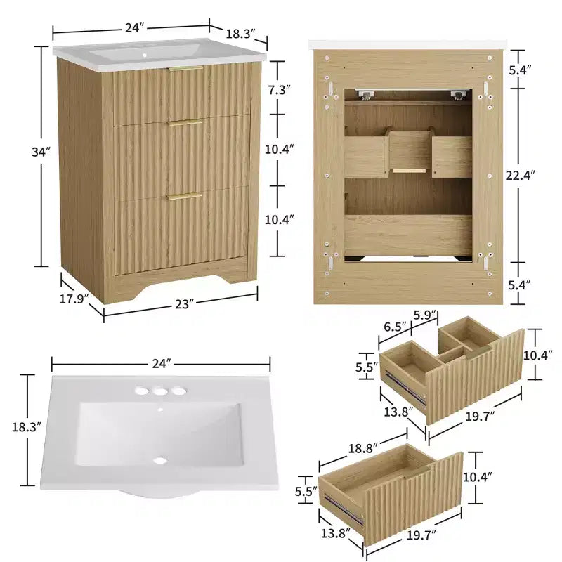 Mobile bagno moderno a doghe con lavabo integrato in ceramica, mobile bagno indipendente con 3 cassetti per bagni contemporanei