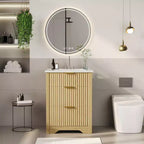 Mobile bagno moderno a doghe con lavabo integrato in ceramica, mobile bagno indipendente con 3 cassetti per bagni contemporanei
