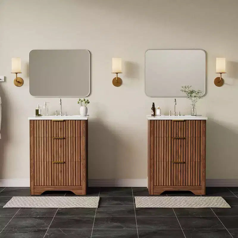Mobile bagno moderno a doghe con lavabo integrato in ceramica, mobile bagno indipendente con 3 cassetti per bagni contemporanei