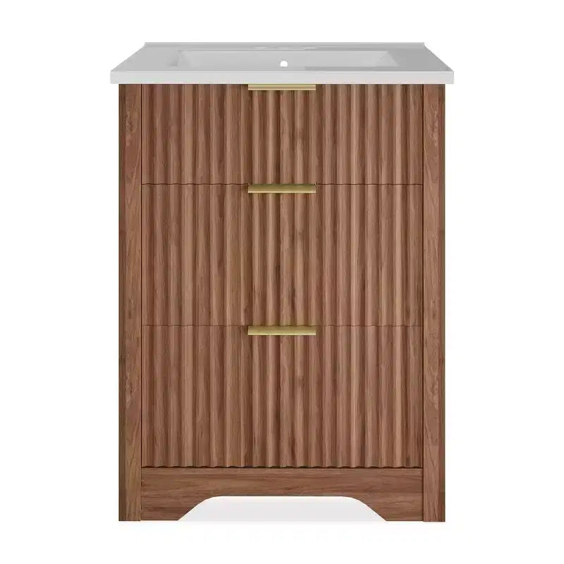 Mobile bagno moderno a doghe con lavabo integrato in ceramica, mobile bagno indipendente con 3 cassetti per bagni contemporanei