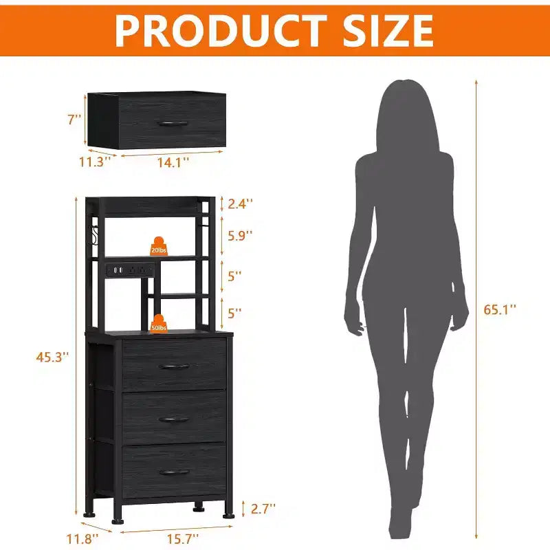 Qwatto Comodino Alto 115 cm con Stazione di Ricarica USB e Luce, Comodino a 3 Cassetti in Tessuto, Scaffale per Camera da Letto e Dormitorio Piccoli, Finitura Nera