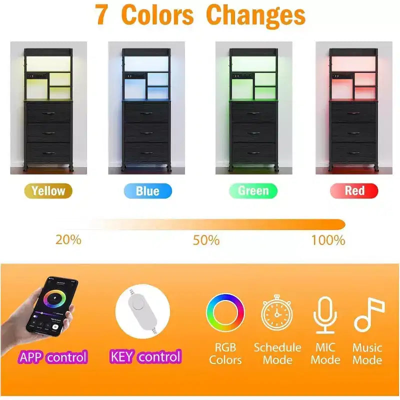 Qwatto Comodino Alto 115 cm con Stazione di Ricarica USB e Luce, Comodino a 3 Cassetti in Tessuto, Scaffale per Camera da Letto e Dormitorio Piccoli, Finitura Nera