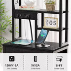 Qwatto Comodino Alto 115 cm con Stazione di Ricarica USB e Luce, Comodino a 3 Cassetti in Tessuto, Scaffale per Camera da Letto e Dormitorio Piccoli, Finitura Nera