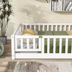 Sailvan Letto Completo a Pavimento con Recinzione e Porta, Struttura Letto a Piattaforma per Bambini in Legno Massello