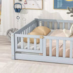 Sailvan Letto Completo a Pavimento con Recinzione e Porta, Struttura Letto a Piattaforma per Bambini in Legno Massello