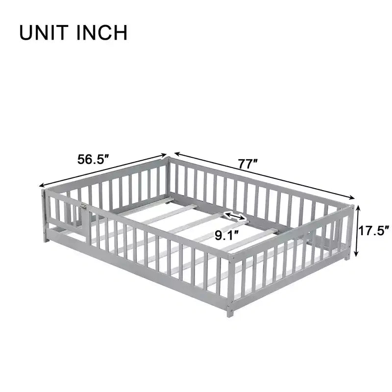 Sailvan Letto Completo a Pavimento con Recinzione e Porta, Struttura Letto a Piattaforma per Bambini in Legno Massello