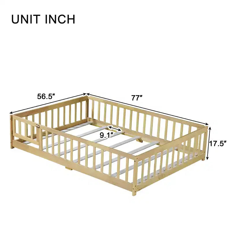 Sailvan Letto Completo a Pavimento con Recinzione e Porta, Struttura Letto a Piattaforma per Bambini in Legno Massello