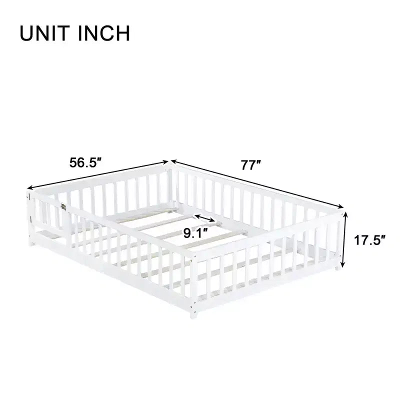 Sailvan Letto Completo a Pavimento con Recinzione e Porta, Struttura Letto a Piattaforma per Bambini in Legno Massello