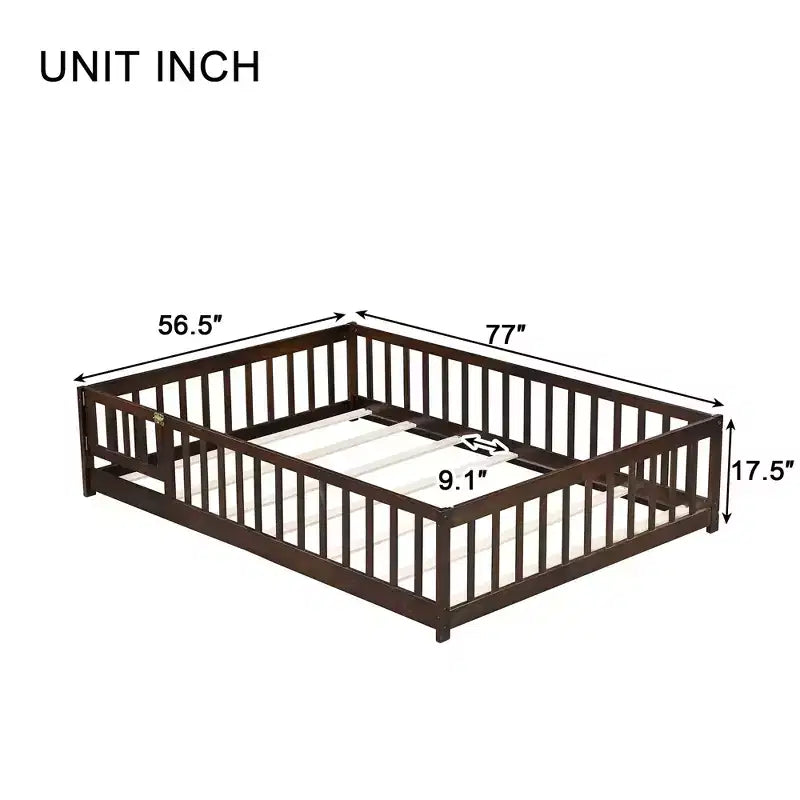 Sailvan Letto Completo a Pavimento con Recinzione e Porta, Struttura Letto a Piattaforma per Bambini in Legno Massello