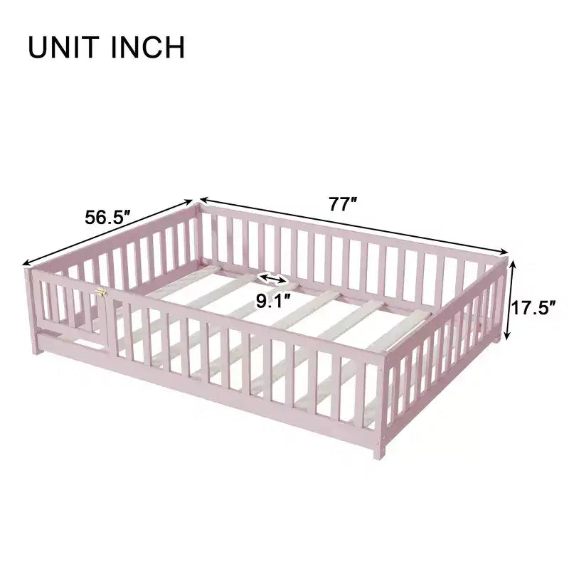 Sailvan Letto Completo a Pavimento con Recinzione e Porta, Struttura Letto a Piattaforma per Bambini in Legno Massello