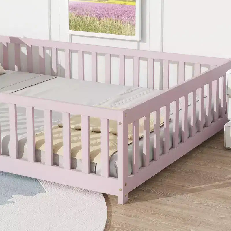 Sailvan Letto Completo a Pavimento con Recinzione e Porta, Struttura Letto a Piattaforma per Bambini in Legno Massello