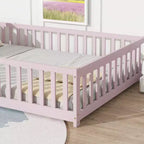 Sailvan Letto Completo a Pavimento con Recinzione e Porta, Struttura Letto a Piattaforma per Bambini in Legno Massello
