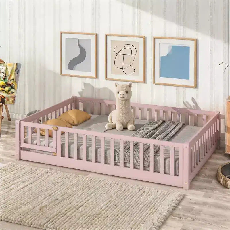 Sailvan Letto Completo a Pavimento con Recinzione e Porta, Struttura Letto a Piattaforma per Bambini in Legno Massello
