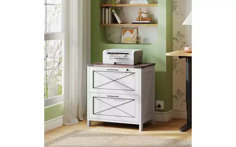 DEXYLLO Cassettiera laterale con serratura, 2 cassetti e stazione di ricarica, mobiletto stampante in legno stile rustico con ampio spazio di archiviazione