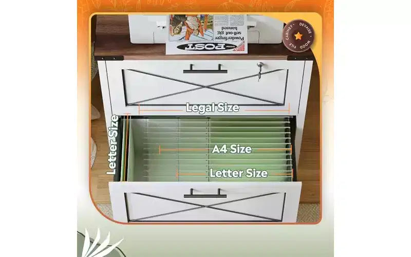 DEXYLLO Cassettiera laterale con serratura, 2 cassetti e stazione di ricarica, mobiletto stampante in legno stile rustico con ampio spazio di archiviazione