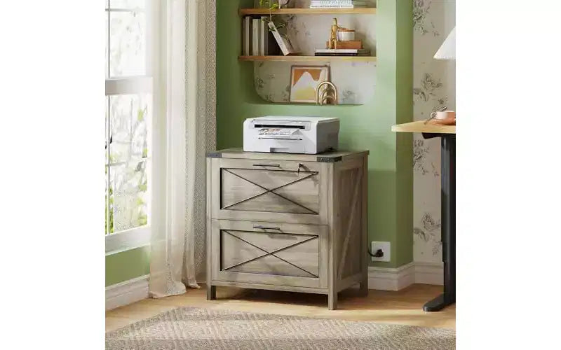 DEXYLLO Cassettiera laterale con serratura, 2 cassetti e stazione di ricarica, mobiletto stampante in legno stile rustico con ampio spazio di archiviazione