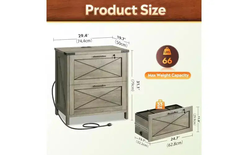 DEXYLLO Cassettiera laterale con serratura, 2 cassetti e stazione di ricarica, mobiletto stampante in legno stile rustico con ampio spazio di archiviazione