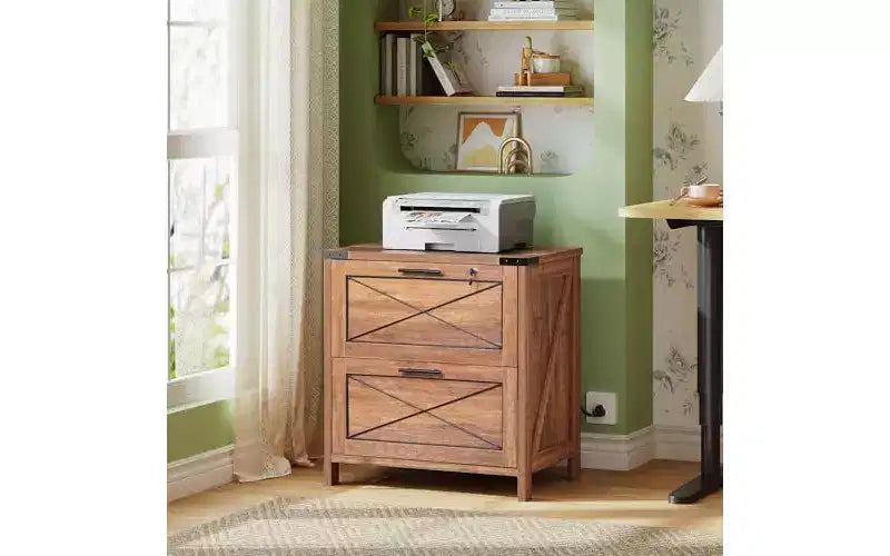 DEXYLLO Cassettiera laterale con serratura, 2 cassetti e stazione di ricarica, mobiletto stampante in legno stile rustico con ampio spazio di archiviazione