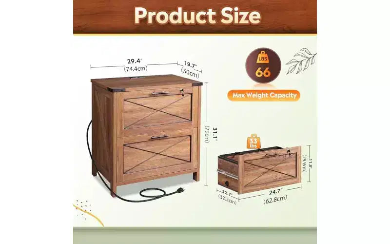 DEXYLLO Cassettiera laterale con serratura, 2 cassetti e stazione di ricarica, mobiletto stampante in legno stile rustico con ampio spazio di archiviazione