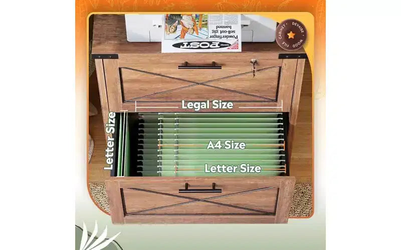 DEXYLLO Cassettiera laterale con serratura, 2 cassetti e stazione di ricarica, mobiletto stampante in legno stile rustico con ampio spazio di archiviazione