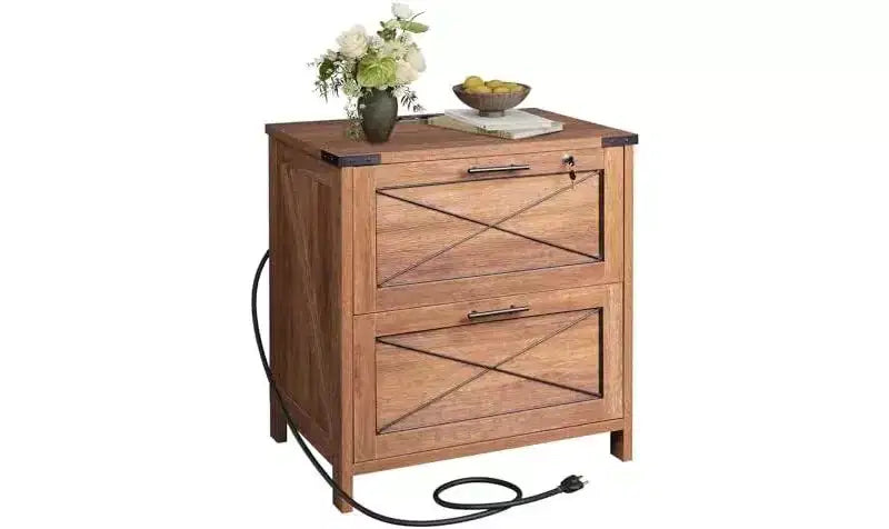 DEXYLLO Cassettiera laterale con serratura, 2 cassetti e stazione di ricarica, mobiletto stampante in legno stile rustico con ampio spazio di archiviazione