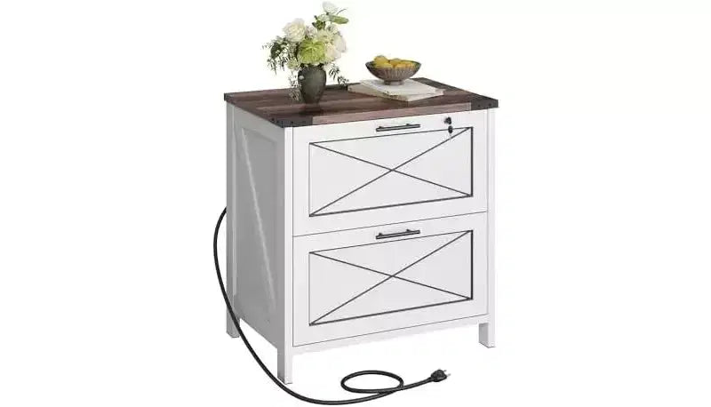 DEXYLLO Cassettiera laterale con serratura, 2 cassetti e stazione di ricarica, mobiletto stampante in legno stile rustico con ampio spazio di archiviazione