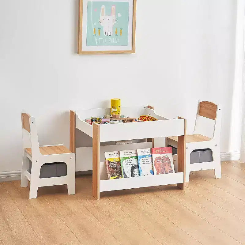 Set Tavolo e Sedie per Bambini, Scrivania per Bambini 4 in 1 con Cassetto Portaoggetti, Piano del Tavolo Staccabile 2 in 1 per Aula, Casa, Sala Giochi (Bianco)