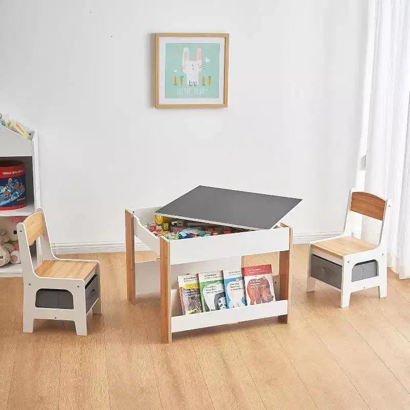Set Tavolo e Sedie per Bambini, Scrivania per Bambini 4 in 1 con Cassetto Portaoggetti, Piano del Tavolo Staccabile 2 in 1 per Aula, Casa, Sala Giochi (Bianco)