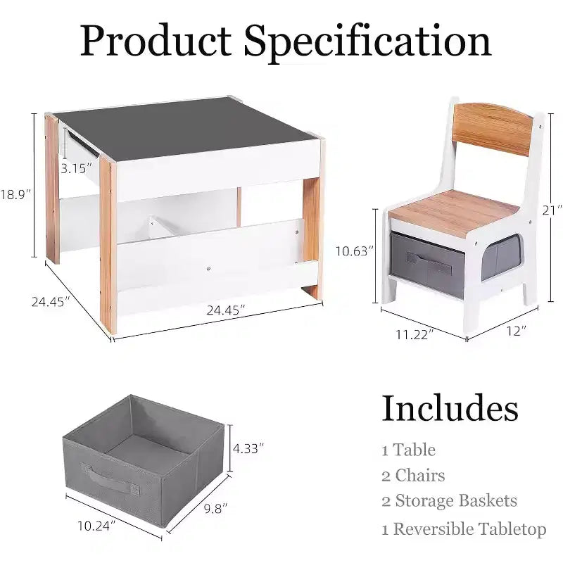 Set Tavolo e Sedie per Bambini, Scrivania per Bambini 4 in 1 con Cassetto Portaoggetti, Piano del Tavolo Staccabile 2 in 1 per Aula, Casa, Sala Giochi (Bianco)