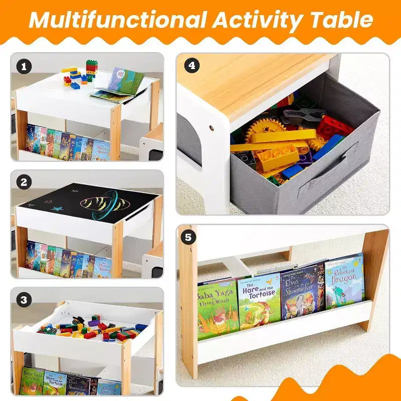 Set Tavolo e Sedie per Bambini, Scrivania per Bambini 4 in 1 con Cassetto Portaoggetti, Piano del Tavolo Staccabile 2 in 1 per Aula, Casa, Sala Giochi (Bianco)