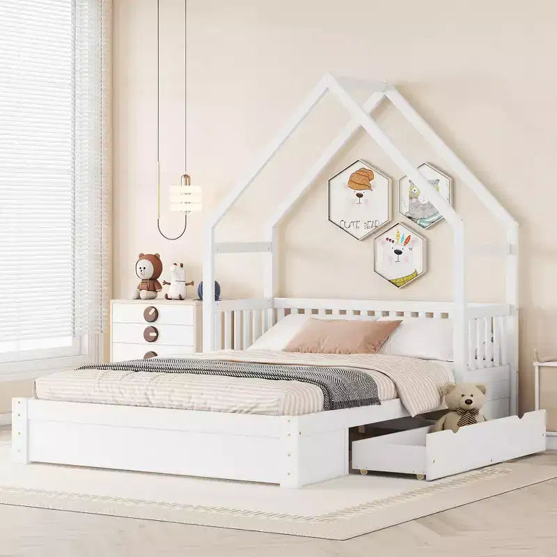 FAMYYT Letto Matrimoniale in Legno?Con Sponda di Sicurezza, 2 Cassetti, Facile da Montare