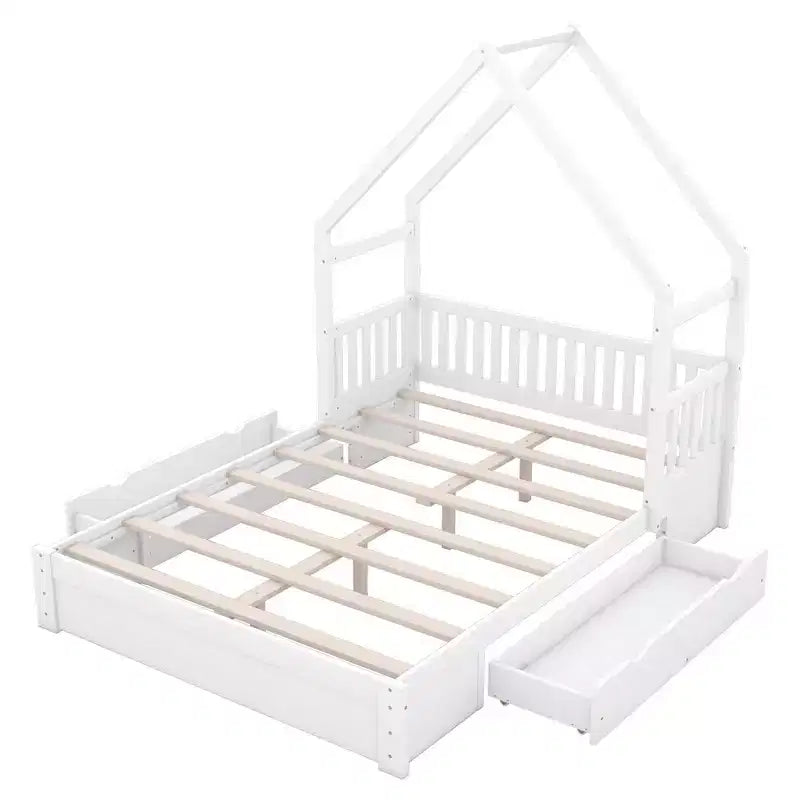 FAMYYT Letto Matrimoniale in Legno?Con Sponda di Sicurezza, 2 Cassetti, Facile da Montare