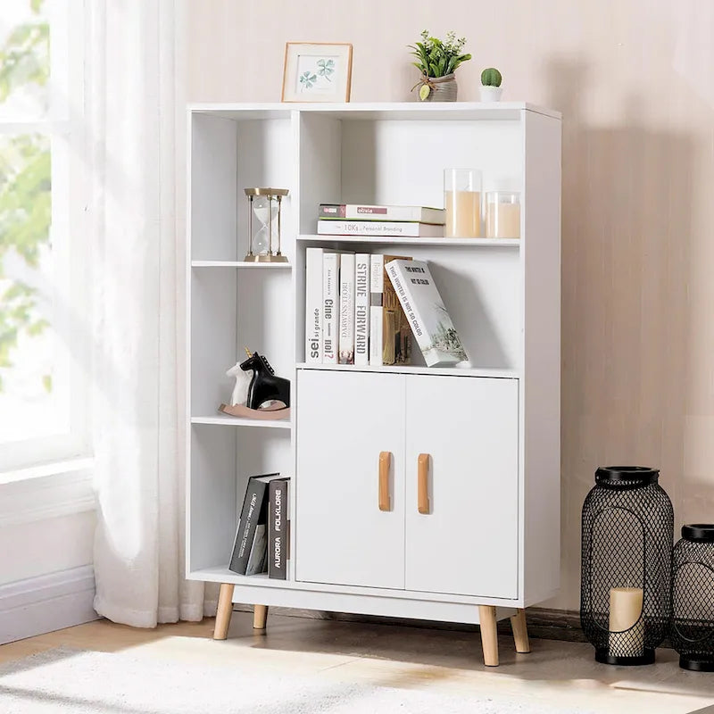 Mobiletto contenitore da pavimento a sé stante con ripiani libreria in legno