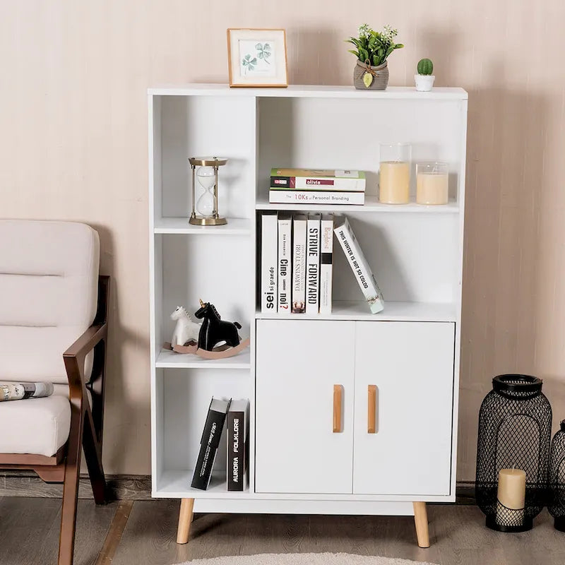 Mobiletto contenitore da pavimento a sé stante con ripiani libreria in legno