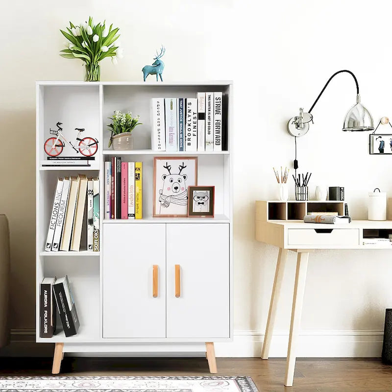 Mobiletto contenitore da pavimento a sé stante con ripiani libreria in legno
