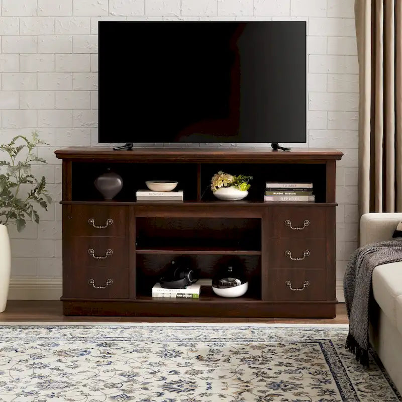 Mobile porta TV rustico in stile country con 6 cassetti, 4 ripiani e passacavi – Per TV fino a 65"