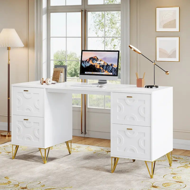 Scrivania bianca per computer con cassetti classificatori, 59 scrivania moderna per ufficio domestico