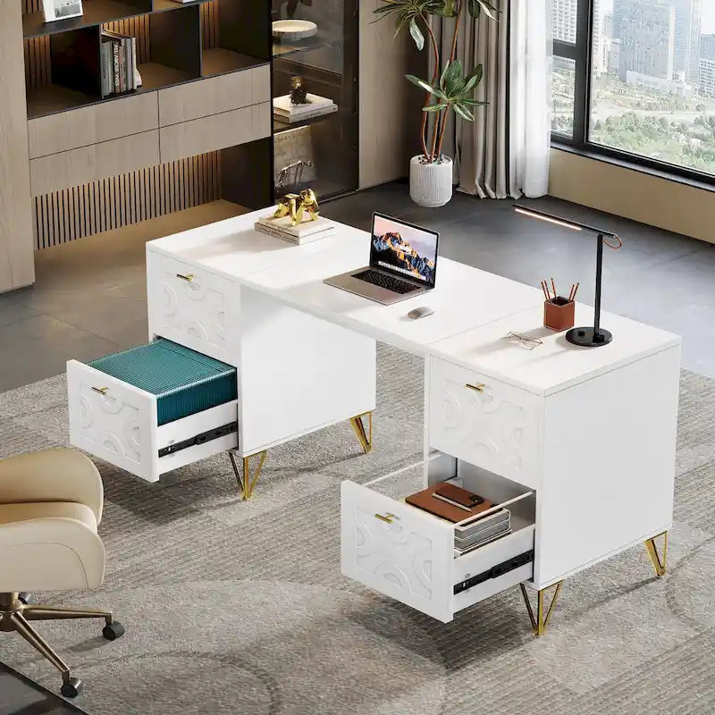 Scrivania bianca per computer con cassetti classificatori, 59 scrivania moderna per ufficio domestico