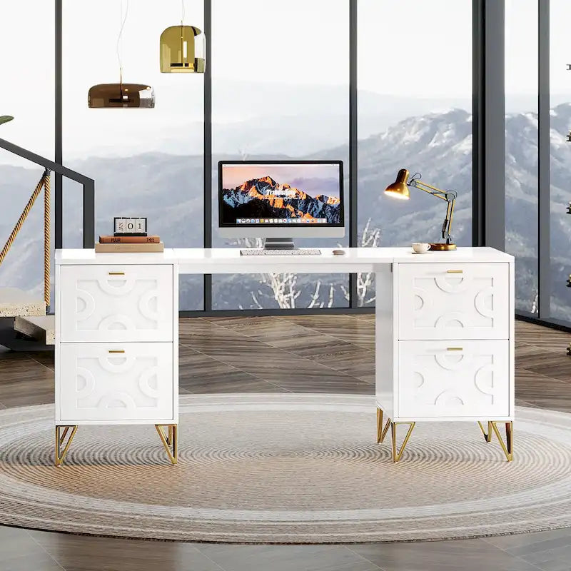 Scrivania bianca per computer con cassetti classificatori, 59 scrivania moderna per ufficio domestico
