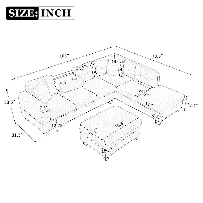 Divano moderno a L a 7 posti con pouf contenitore