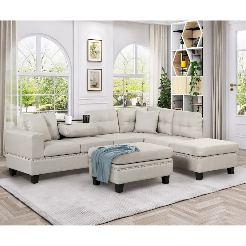 Divano moderno a L a 7 posti con pouf contenitore