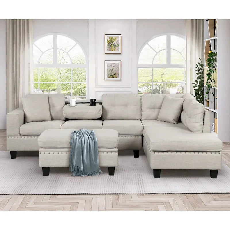 Divano moderno a L a 7 posti con pouf contenitore