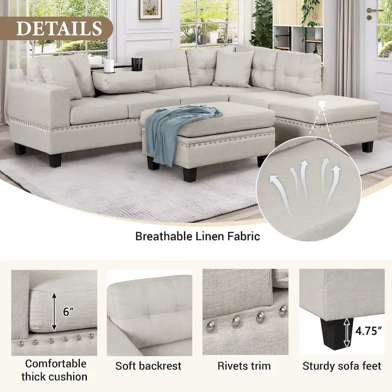 Divano moderno a L a 7 posti con pouf contenitore