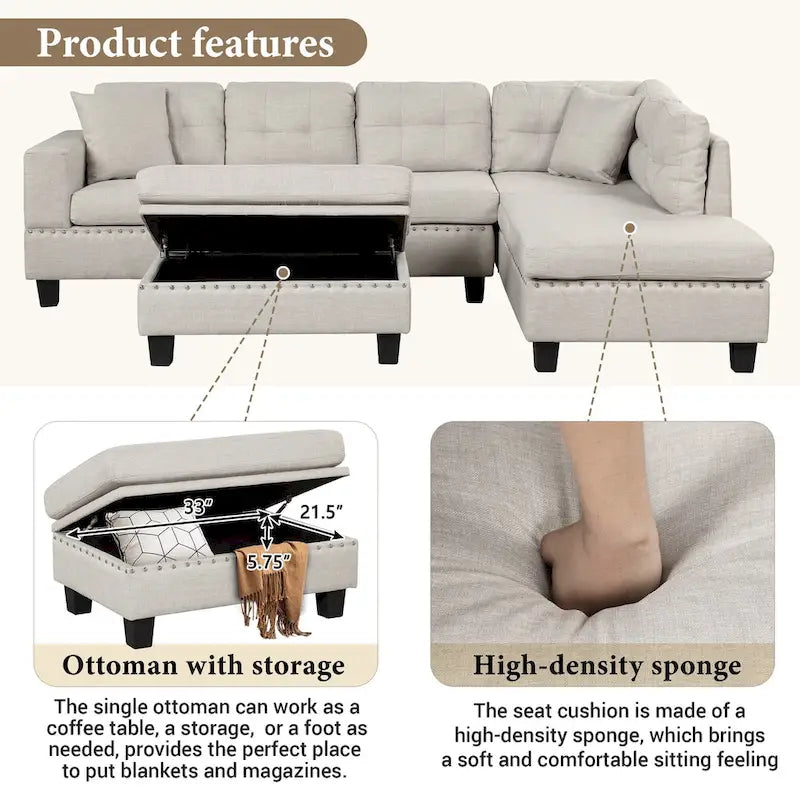 Divano moderno a L a 7 posti con pouf contenitore